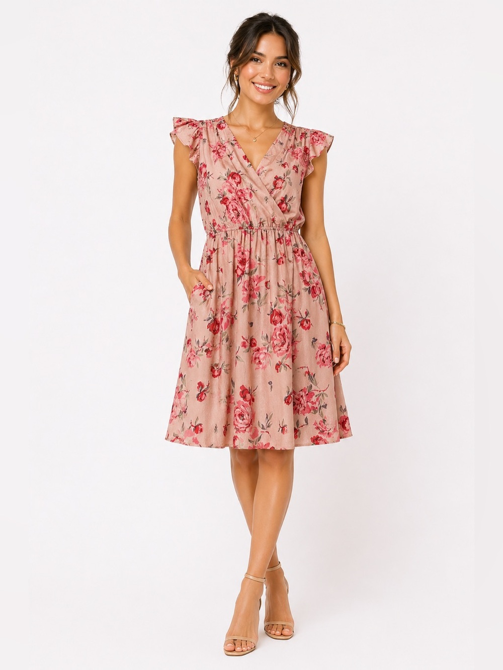Rebecca Taylor Rose-Print Silk Wrap Midi Dress in Blush